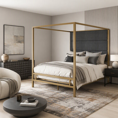 Modern Canopy Bed with Upholstered Linen Headboard