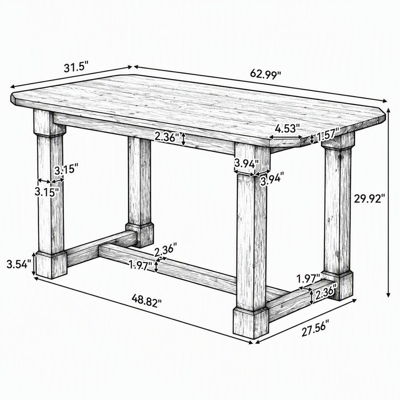 Table de salle à manger rectangulaire en bois massif de 160 cm (63 po) pour 4 à 6 personnes, style campagnard, avec pieds robustes, idéale pour les salles à manger.