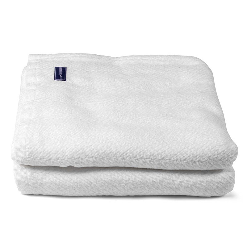 Full White Cotton Woven Blanket with Herringbone Pattern