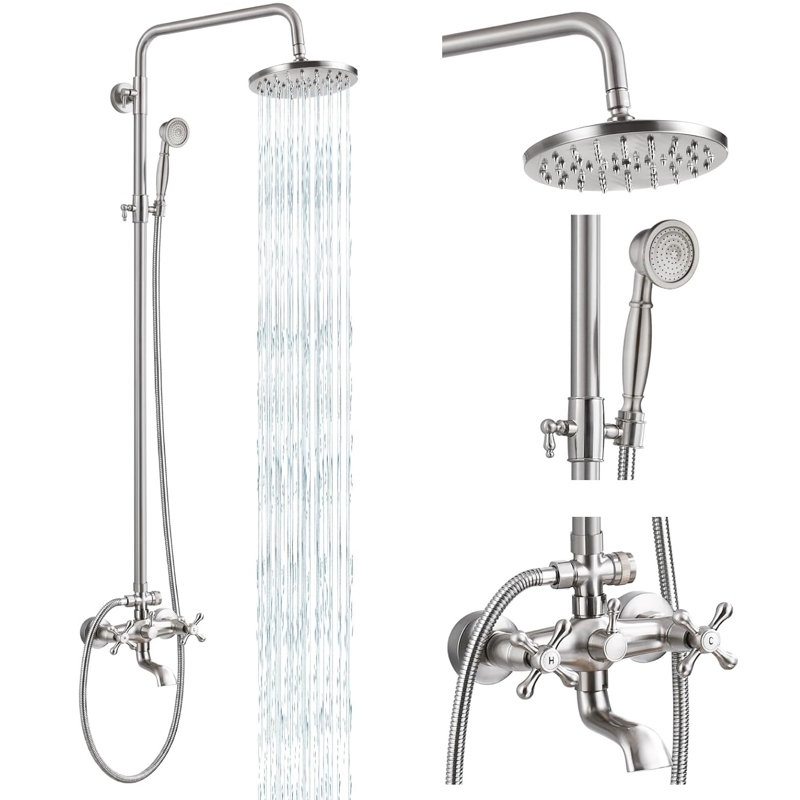 8'' Chrome Exposed Shower System with Rain Shower Head, Handheld Spray and Tub Spout, 3-Function Wall Mounted Shower Faucet Set