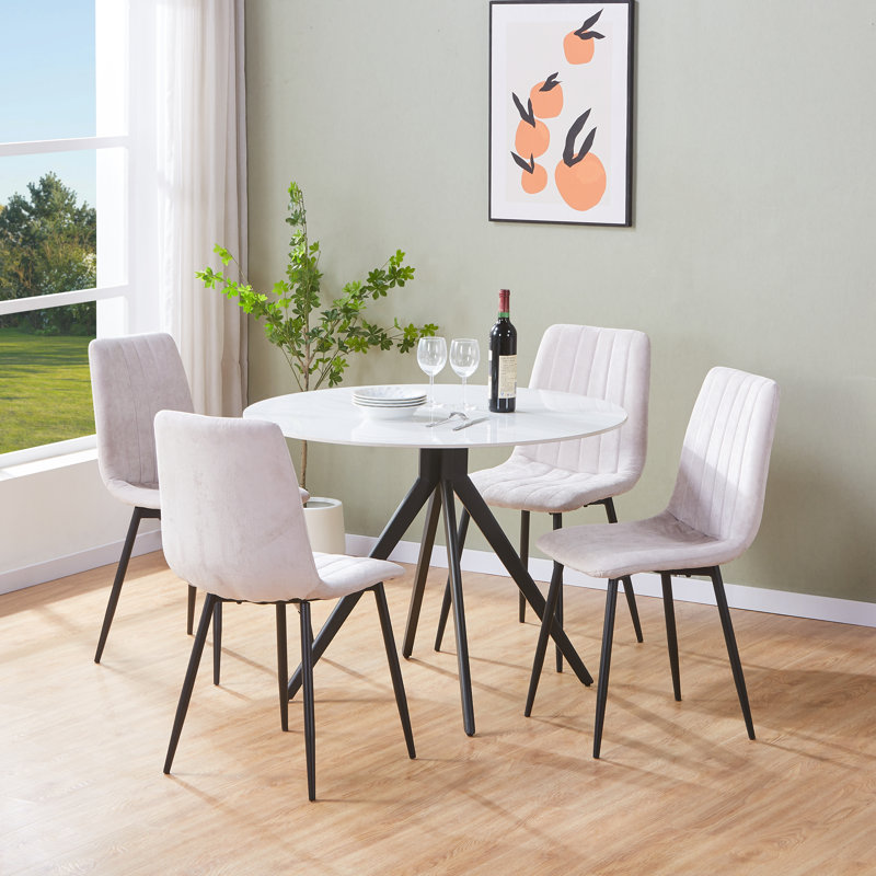 Aspen Sintered Stone Round Table with 4 Straight Stitch Upholstered Fabric Chairs - Modern Dining Set, Natural
