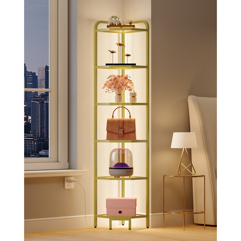 Corner Shelf with LED Lighting, 6-Tier Glass Bookshelf, Steel Frame, Tempered Glass, Modern Style Corner Shelf, Suitable for Living Room, Bedroom and Game Room, Gold