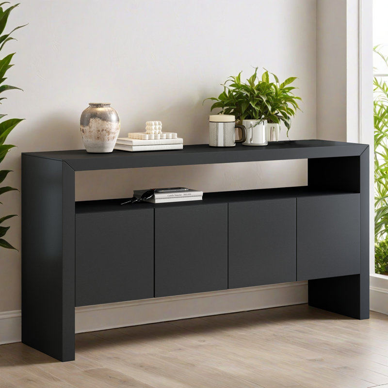 Armoire d'appoint 60,02 po à 4 portes, armoire d'appoint moderne en bois massif minimaliste avec tablette ouverte, console de rangement pour le salon, couloir