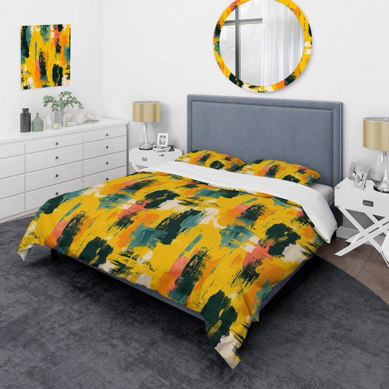 Ensemble de housse de couette moderne jaune et vert brossé, Housse de couette pour grand lit + 2 taies décora