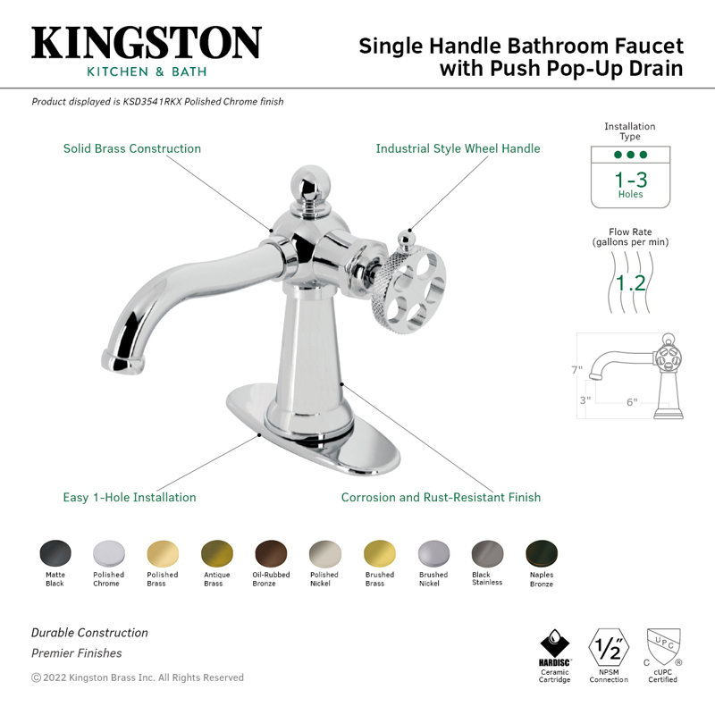 Kingston Brass Knight Single-Handle 1-Hole Deck Mount Bathroom Faucet with Push Pop-Up and Deck Plate, Wheel Handle