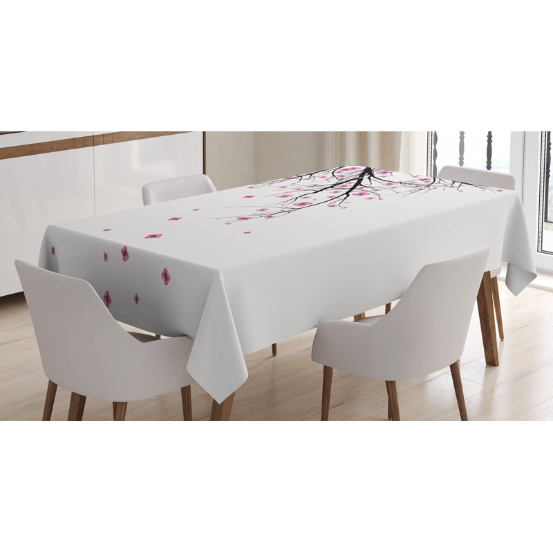 Nature Tablecloth, Cherry Blossoming Falling Petals Flowers Springtime Park Simple Illustration Print, Rectangular Table Cover For Dining Room Kitchen Decor, 52" X 70", Pink Black