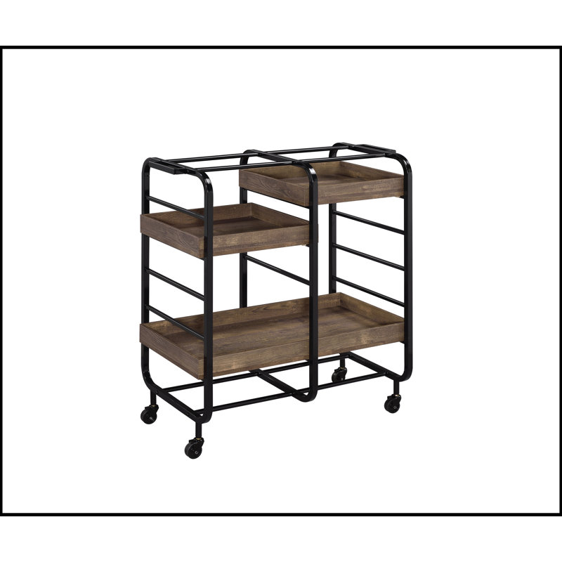 Chariot de service rectangulaire à finition noyer Vorrik avec 3 plateaux réglables et roulettes pour faciliter le déplacement