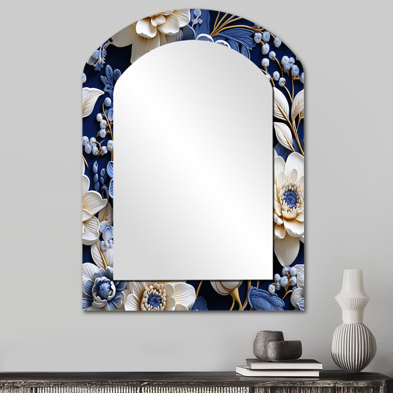 Motif victorien complexe de dentelle cobalt complexe - miroir décoratif à arche florale, miroir mural asymétrique Cottage, impression d'art en métal