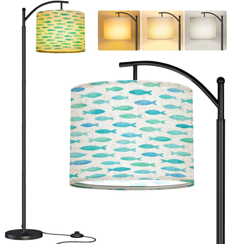  Arc Floor Lamp Colorful crayon drawn school fish Marine rough Tall Modern Standing Lamp LED Adjustable Linen Lampshade 3 Color Temperatures