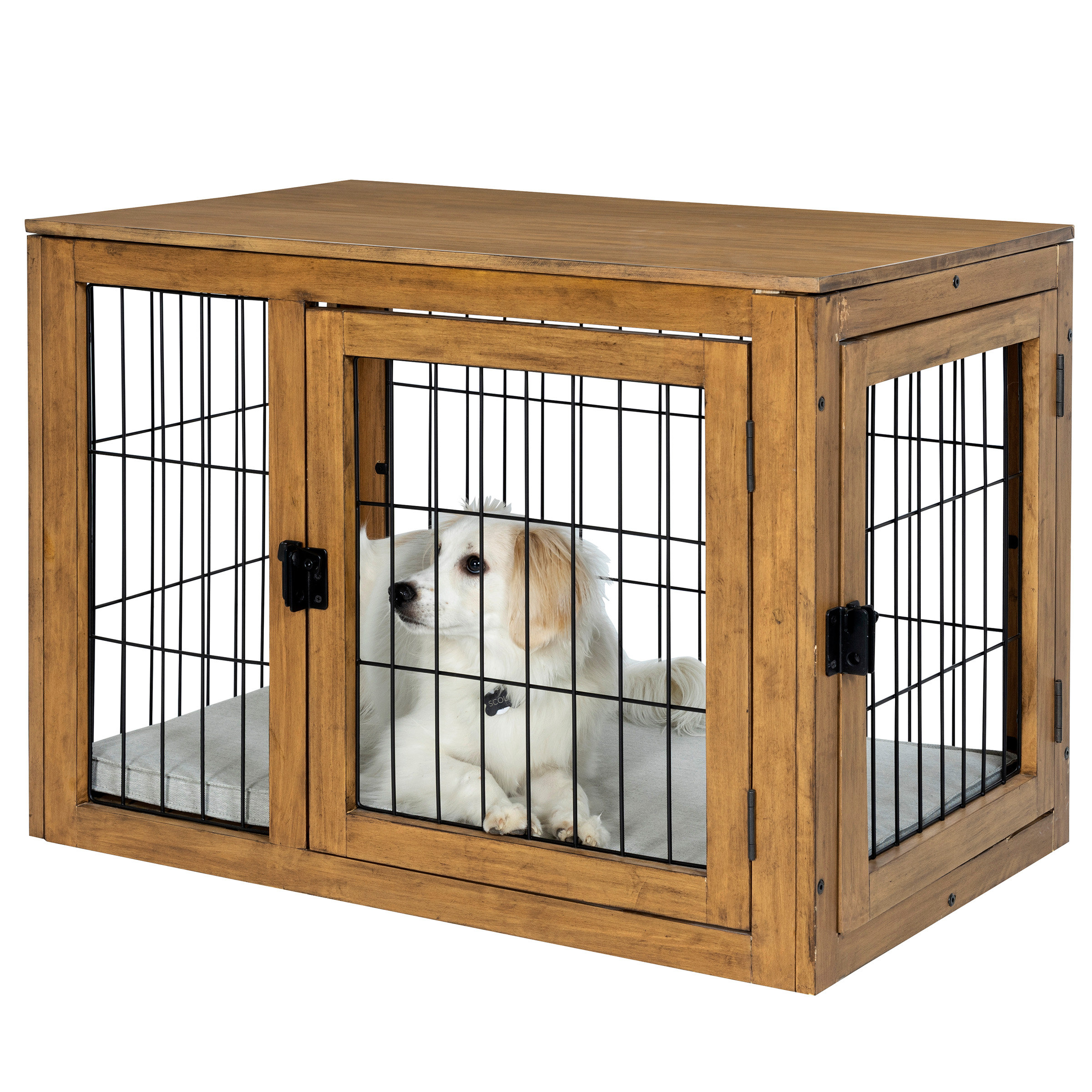 PETMAKER Furniture-Style Dog Crate - Acacia Wood Kennel with Double Doors and Cushion - Dog Cage Furniture & Reviews | Wayfair