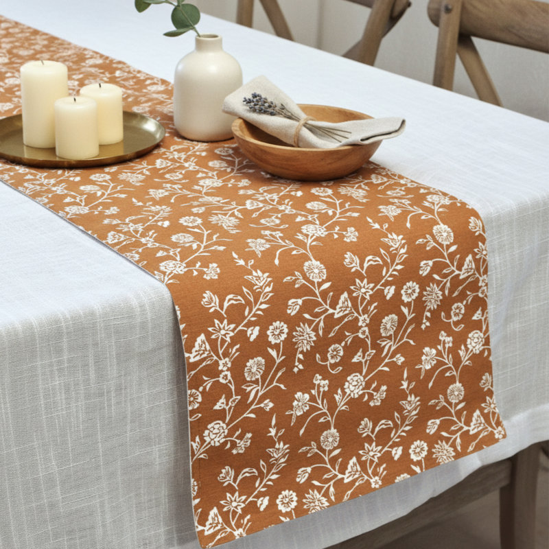 Floral Dining Table Runner Botanical Flower Design Vintage Style Dresser Scarf, Coffee Table Runner , 48" L x 14" W