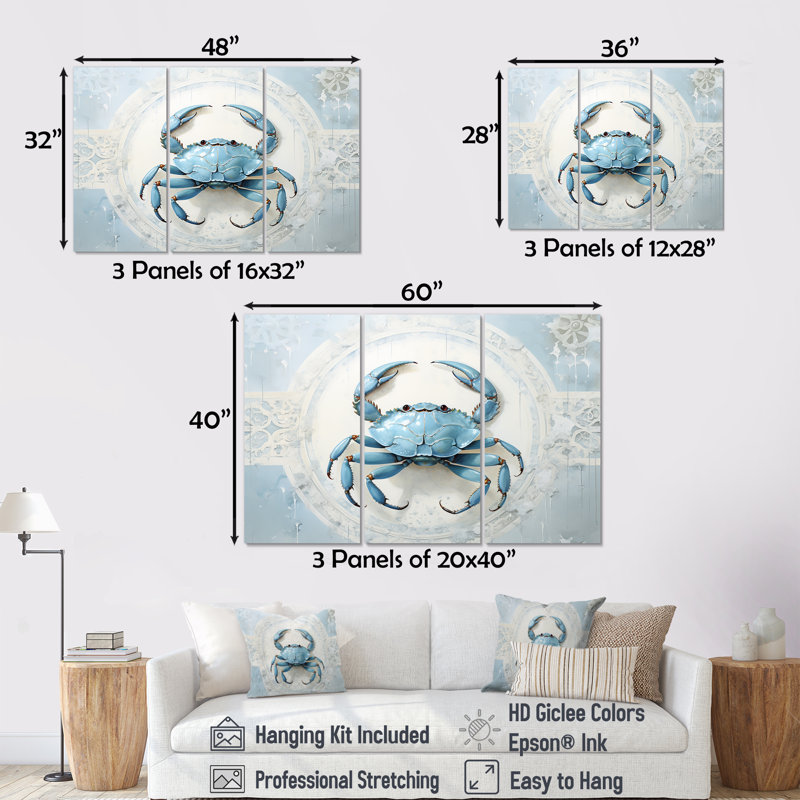 Minimalisme bleu crabe impression - ensemble d'art mural crabe, H 28 po x l 36 po