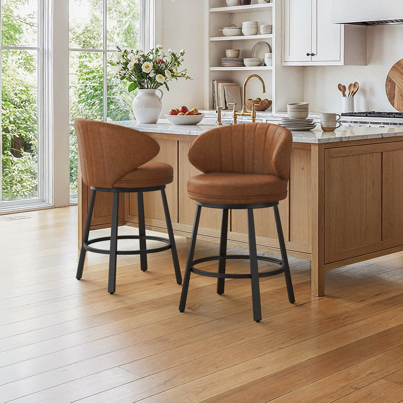 Upholstered Swivel Counter & Bar Stools With Back, Brown/Faux Leather