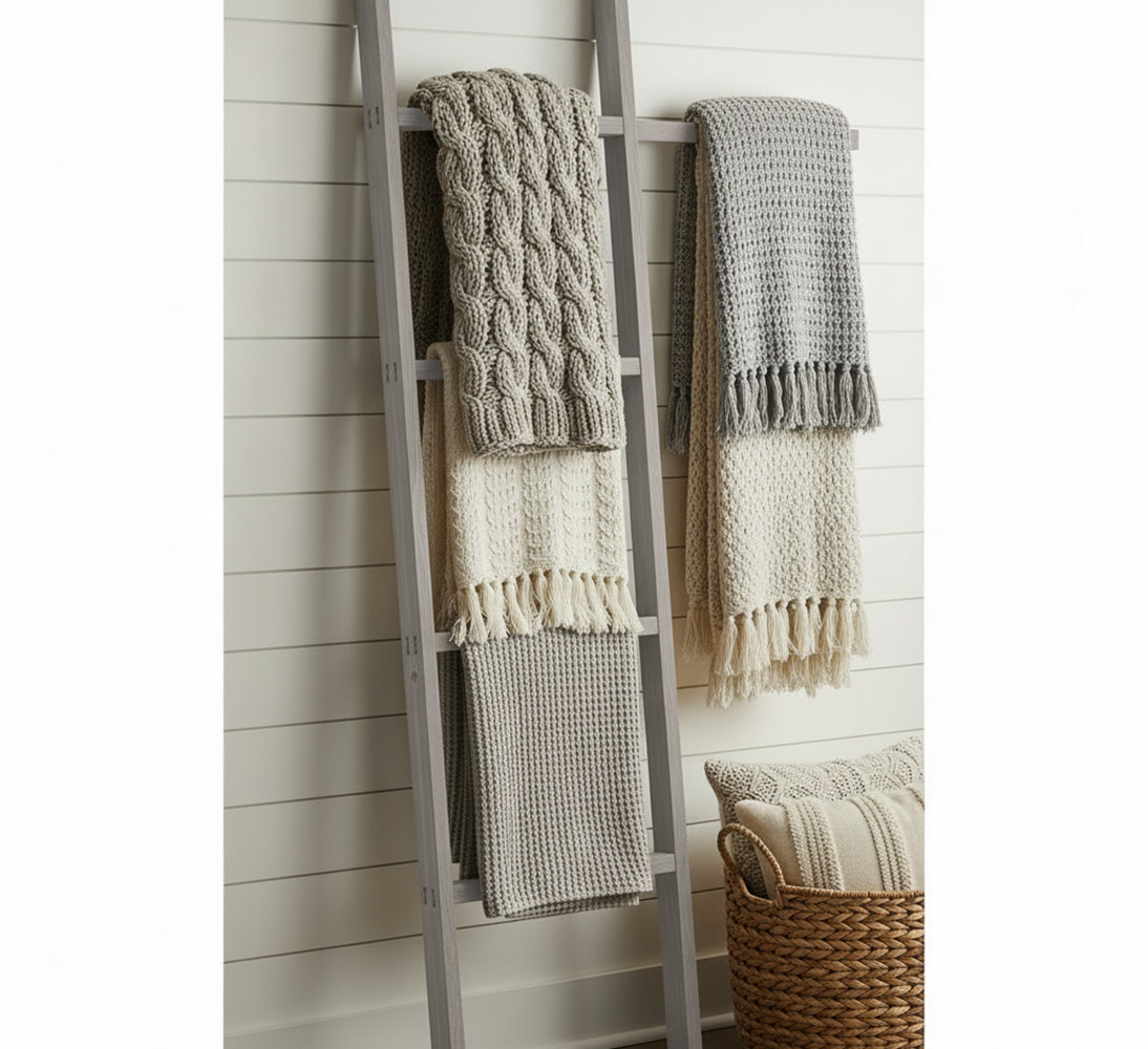 Latitude Run® Farmhouse Blanket Ladder Rustic Wood Quilt Towel Rack 4 ...