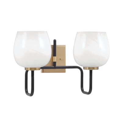 Barre d'éclairage de salle de bain 2 lumières Amarmula, noir mat et laiton vieilli, verre marbré blanc 6 po