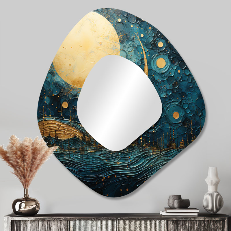 Dahle Moon Blue And Gold Cerulean Cycle Dreams V - Moon Asymmetrical Decorative Wall Mirror, Blue Unique Shape Mirror, Printed Metal Art
