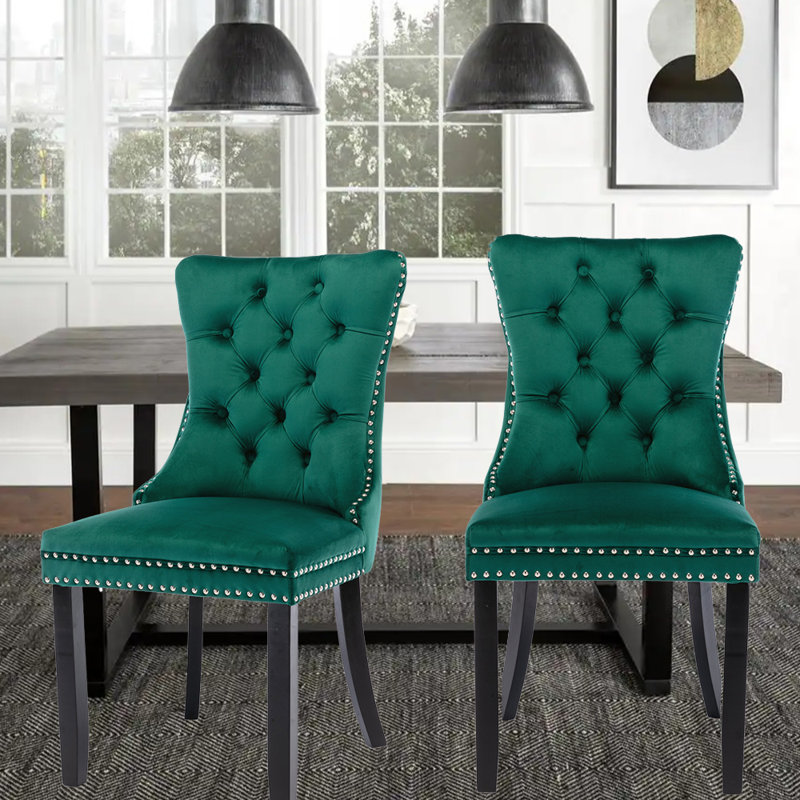 Tufted Velvet Wing Back Side Dining Chairs, Black, Green