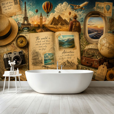 Peel and Stick Wallpaper Wall Mural Vintage Travel Collage Landmarks Hot Air Balloons Travel Accessories Wall Art Self Adhesive and Removable