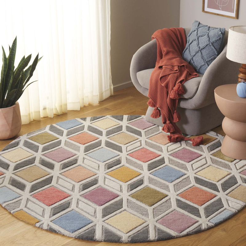 Rodeo Drive Hand Tufted Wool/Cotton Geometric Rug in Grey/Beige, Round 6'