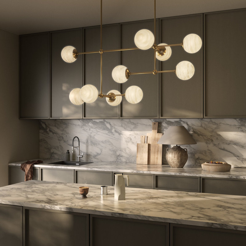 Armstrong Small Linear Chandelier-Black Gunmetal, Burnished Brass, Marbled Matte Glass