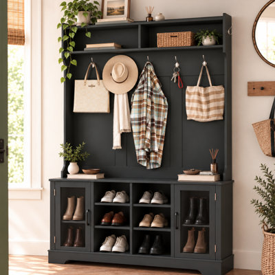 47.3'' Modern Farmhouse Hall Tree with Bench and Shoe Storage; with 7 Coat Rack, 1 shoe bench, 2 Display Shelf, 10 Open&Enclosed Shoe Storage, and a Top Shelf, for hallways