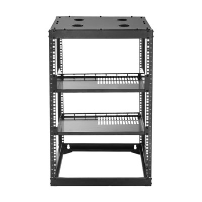 Support réseau 16U à cadre ouvert de 23 po de profondeur, support mural ou sur pied, 4 poteaux robustes, avec tablettes ventilées et quincaillerie de fixation, peut contenir tout votre équipement audiovisuel de réseautage