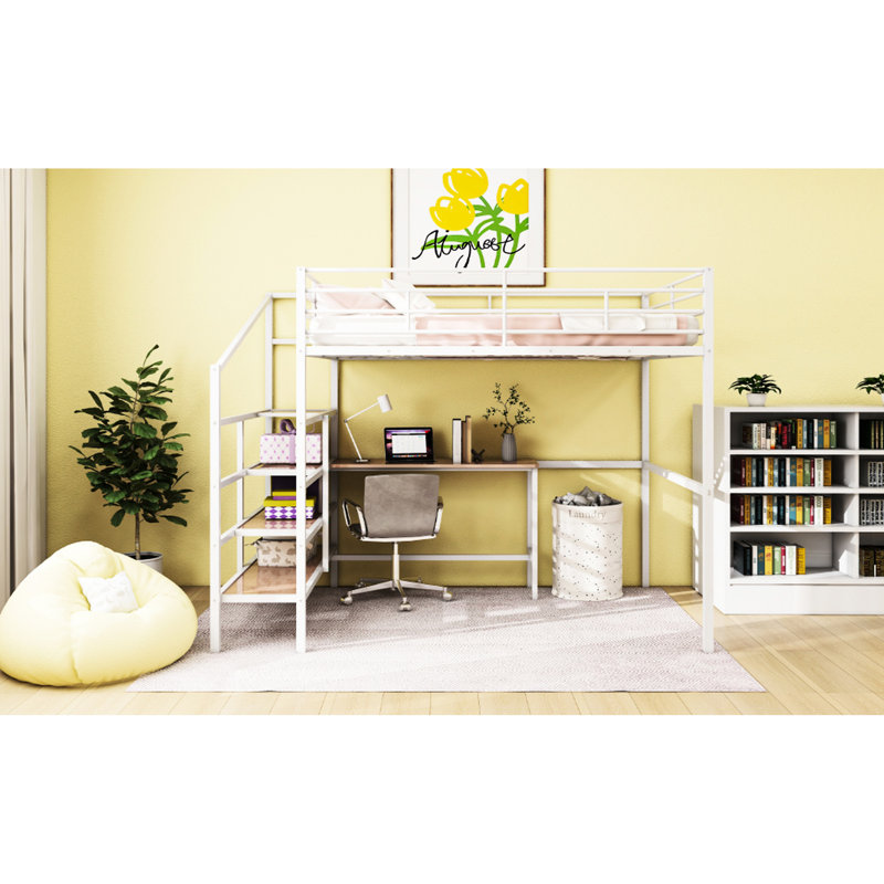 Lit mezzanine en métal blanc avec bureau et rangement latéral - Meuble de bureau latéral fonctionnel et contemporain essentiel