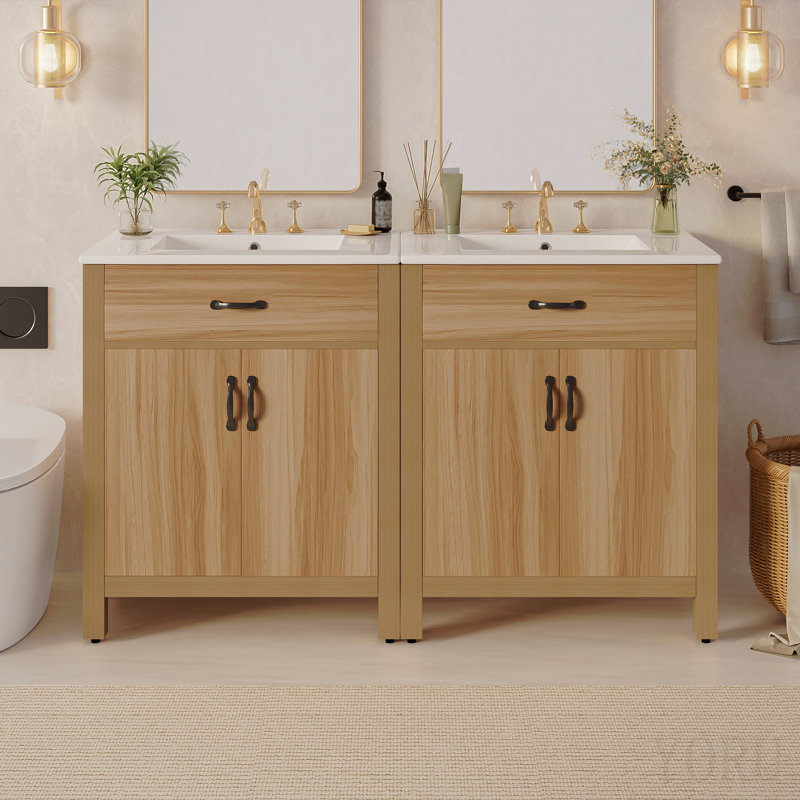 Meuble-lavabo de 60 po en bois avec cadre en bois massif, 4 portes à fermeture douce, 2 tiroirs rabattables, tablette réglable, armoire de rangement moderne