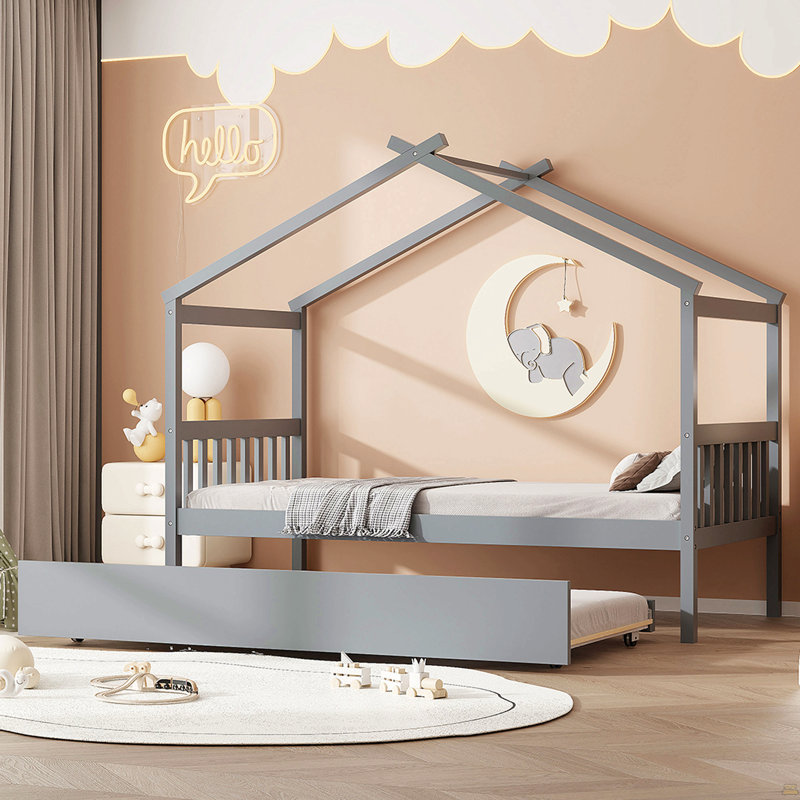 Lit simple en bois avec lit gigogne simple, Gris