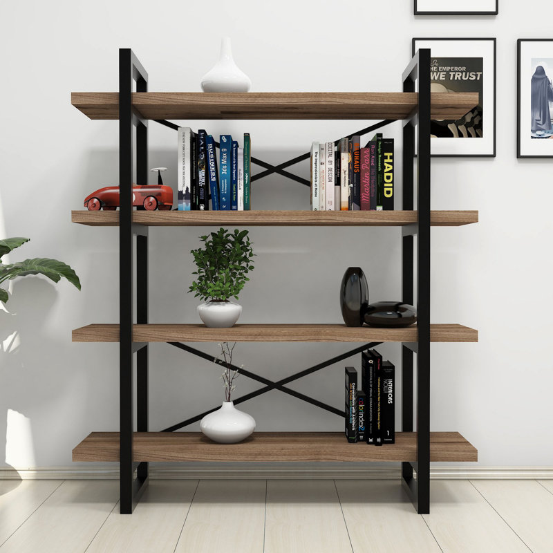 Modern Industrial Bookshelf with Metal Frame, Walnut Finish, 41.7 x 47.2 x 13.0 inches | 100% Melamine Coated Particle Board, Numerous Shelves, Wall-Mountable, Stylish & Functional Storage for Home & Office