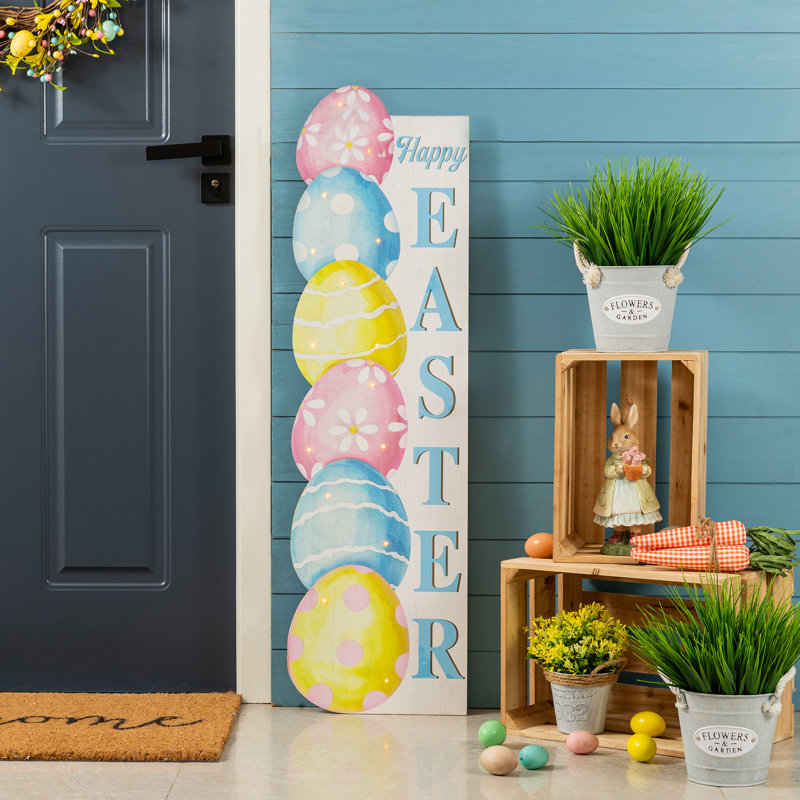 42"H Lighted Wooden Stacked Eggs Happy Easter Porch Sign with Timer