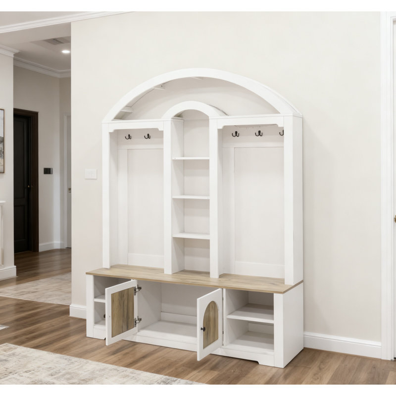59"w Wide Hall Tree,multi-functional Wardrobe/entrance Wardrobe, Equipped With Shoe Racks, Clothes Hangers And Hooks, For Hallway, Entryway, Living Room,white+walnut
