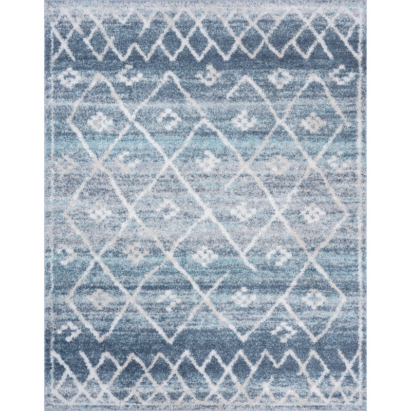 Geometric Cozy Shag Blue/White Indoor Area Rug for Living Room, Bedroom, Rectangle 5'3" x 7'3"