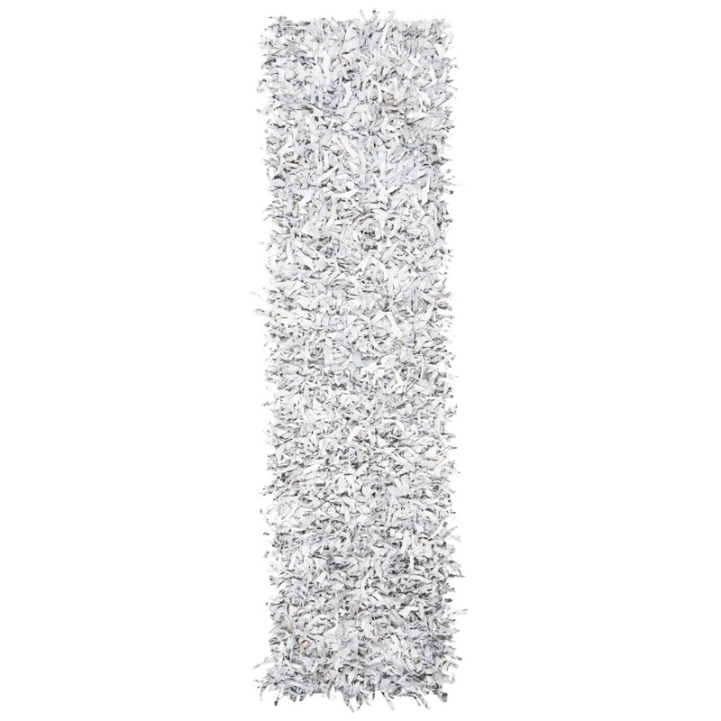 Arik Handwoven Leather/Cotton Solid Color Rug in White/Gray, Runner 2' x 8'