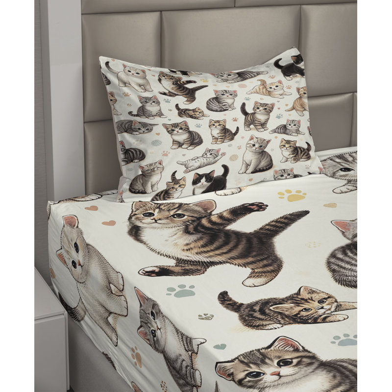 Microfiber Sheet Set, Cal King Sheet Set with 2 Pillowcases, White Taupe Kittens