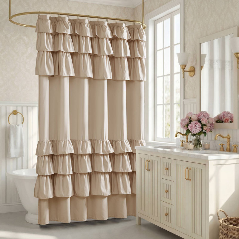 Madison Park Grace Beige Solid Single Ruffled 72x72'' Shower Curtain, 72"H x 72"W, Beige