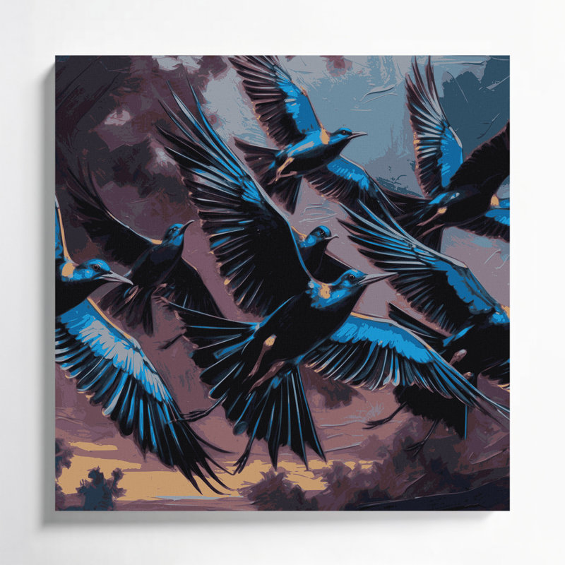 «Birds Shiny Cowbird», art mural sur toile grise, H 12 po x l 12 po