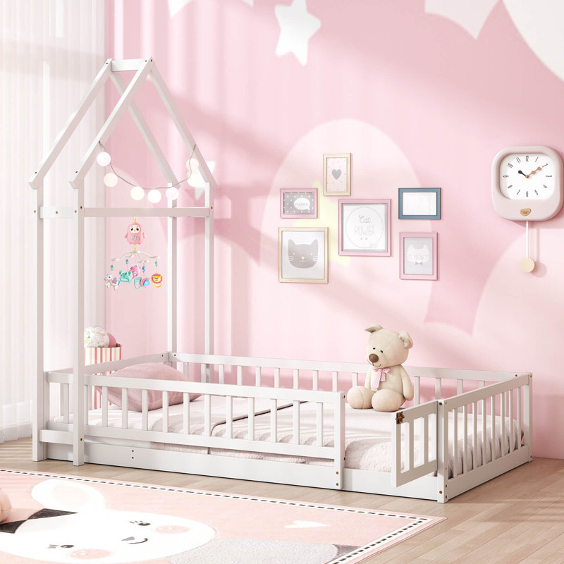 Twin Size House Floor Bed With House-shaped Headboard Clothes Hanger Without Slats White, White