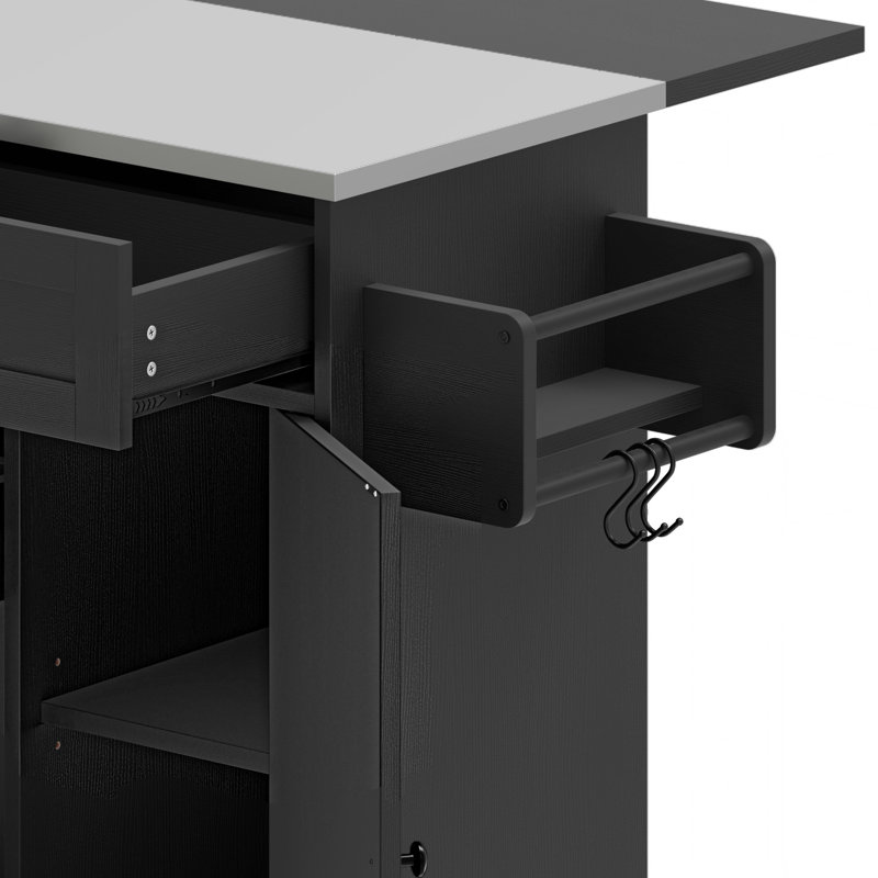 Kitchen Island On Wheels with Drop Leaf, Black