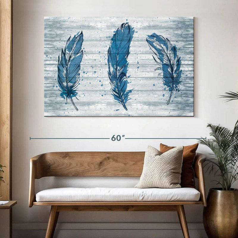 Plumes bleues sur bois Kerner, H 34 po x l 51 po