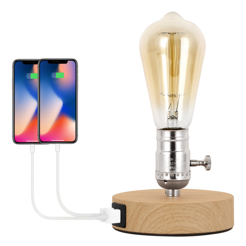 Lampe de table en bois avec 2 ports USB, base de lampe en métal
