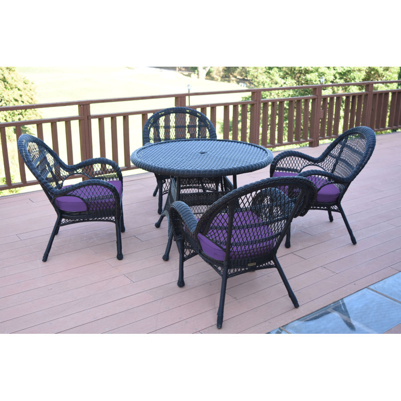 Mangum 4 - Person Wicker Patio Dining Set with Round Table, Black, Hunter Green
