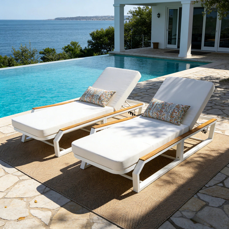 Orlenae Modern Coastal Outdoor Adjustable 5-Position Chaise Lounge with Cushion, Teak Wood Armrests & Iron Frame for Poolside, Patio