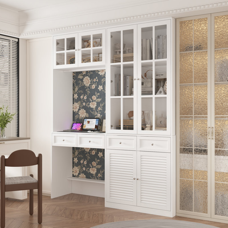 Multifunctional Desk With Integrated Bookcase And Display Cabinet - Elegant White Finish