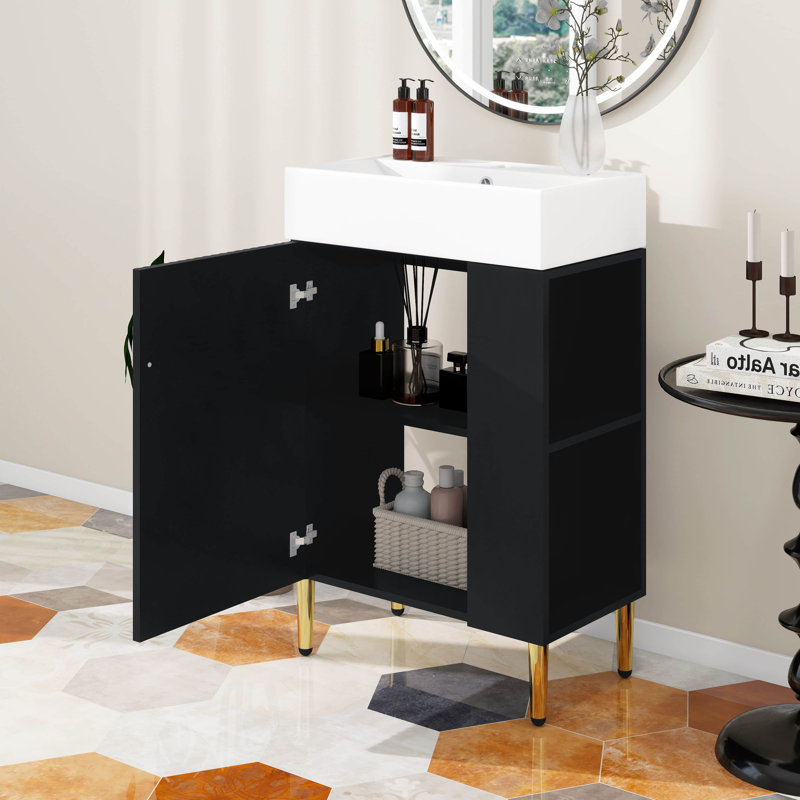 21.6" Small Bathroom Vanity With Ceramic Sink, Freestanding Bathroom Vanity With Soft Close Door, Right Side Storage, Blcak