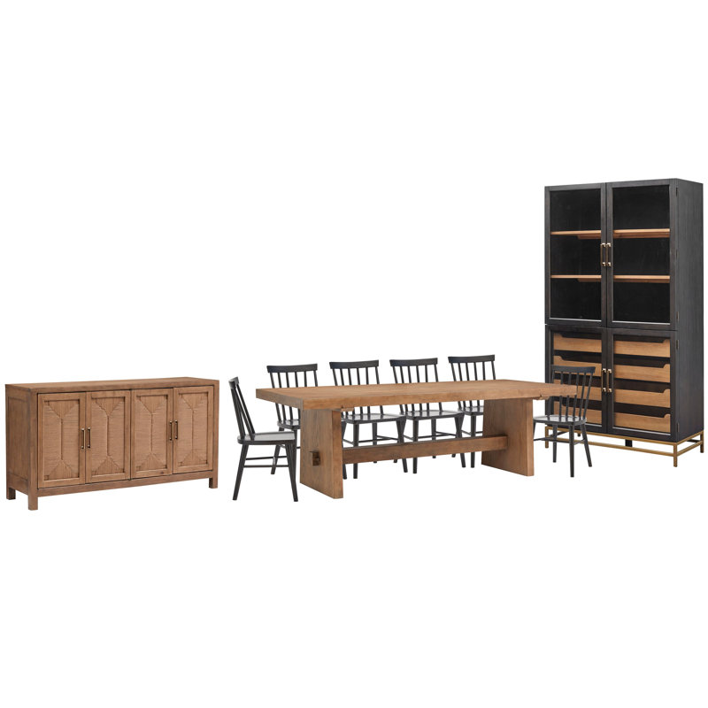 Trestle Dining Table With 6 Side Chairs Buffet And Cabinet, 9 Pieces: Table, 6 Chairs, Buffet, Cabinet