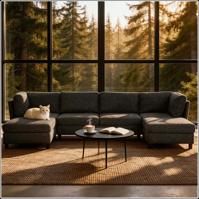 Canapé modulaire d'angle avec repose-pieds convertible, L 124 po, Polyester GRIS FONCÉ