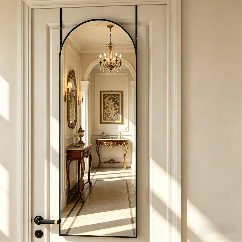 Full-Length Mirror – Over-The-Door Hanging & Wall-Mounted Arch Design, Black