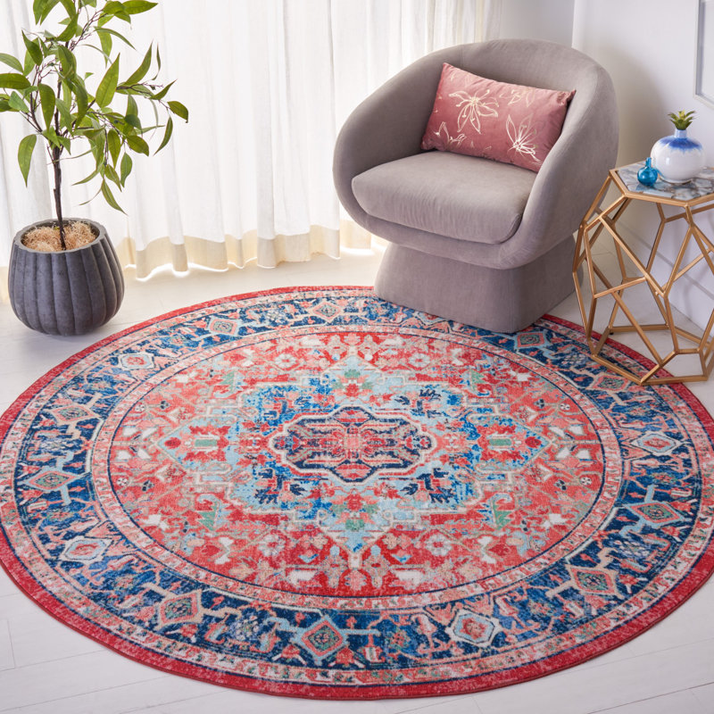 Daubert Oriental Navy/Red Area Rug, Round 6'7"