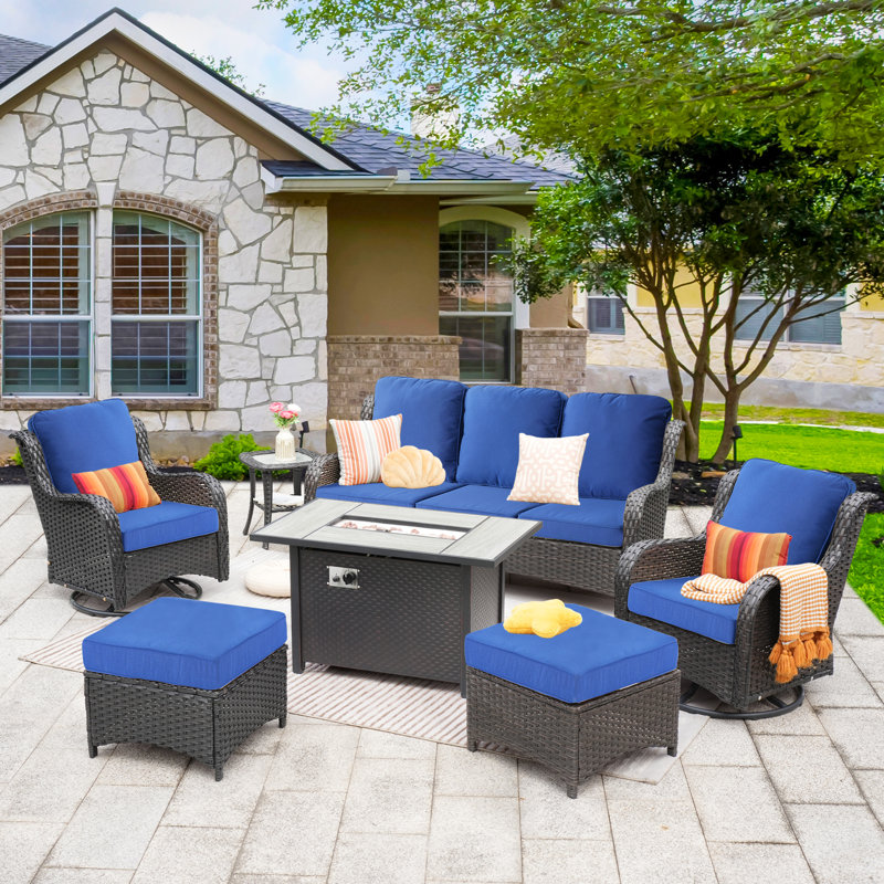 7 - Person Patio Furniture Set with Swivel Rocker, Outdoor Wicker Rattan Seating Group with Cushions, All Weather Sofa Conversation Set with Fire Pit Table for Garden Backyard
